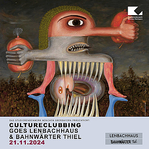 Die Grafik zeigt einen Ausschnitt des Kunstwerks "Totem der verwundeten Subjektivität II" von Victor Brauner. Links oben ist das Logo des STWM zu sehen. Unter dem Bild steht auf hellblauem Hintergrund folgender Text: "Das Studierendenwerk München Oberbayern präsentiert: Cultureclubbing goes Lenbachhaus & Bahnwärter Thiel 21.11.2024". In der rechten Ecke befinden sich die Logos vom Lenbachhaus und vom Bahnwärter Thiel.