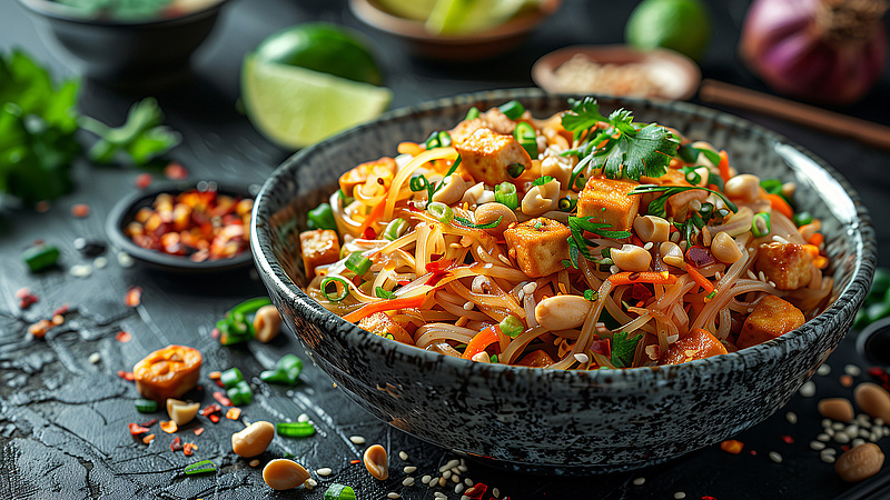 Man sieht eine Essenschale mit einem Tofu-Gemüse-Gericht darin. 