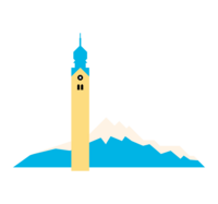 Illustration einer Kirche vor Bergen