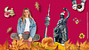 Eine Collage auf rotem Hintergrund zeigt eine Frau mit Skateboard, Plätzchen, Laub, die Bavaria, den Olympiaturm, ein Recyclingzeichen, Hände mit einer Tasse Glühwein und Brettspiele. 