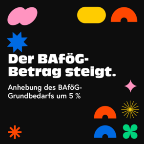 Der BAföG-Betrag steigt Auf der Grafik sieht man groß den Schriftzug "Der BAföG-Betrag steigt - Anhebung des BAföG-Grundbedarfs um 5%", weiß auf schwarzem Grund. Darum herum mehrere bunte Formen.