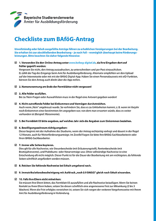 Bafög Antrag Formblatt 1 Checkliste BAföG-Antrag: Studierendenwerk München Oberbayern