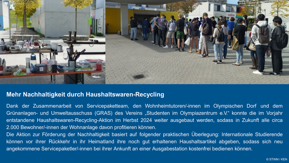 Links ist ein Bild im Hochkantformat, das mehrere Tische voller Haushaltsgeräte zeigt. Rechts daneben im Querformat ist ein Bild, das eine Schlange Studierender zeigt, die für die Aktion anstehen. Darunter ist ein Textkasten auf blauem Hintergrund mit folgendem Inhalt: Dank der Zusammenarbeit von Servicepaketteam, den Wohnheimtutoren/-innen im Olympischen Dorf und dem Grünanlagen- und Umweltausschuss (GRAS) des Vereins „Studenten im Olympiazentrum e.V.“ konnte die im Vorjahr entstandene Haushaltswaren-Recycling-Aktion im Herbst 2024 weiter ausgebaut werden, sodass in Zukunft alle circa 2.000 Bewohner/-innen der Wohnanlage davon profitieren können. Die Aktion zur Förderung der Nachhaltigkeit basiert auf folgender praktischen Überlegung: Internationale Studierende können vor ihrer Rückkehr in ihr Heimatland ihre noch gut erhaltenen Haushaltsartikel abgeben, sodass sich neu angekommene Servicepaketler/-innen bei ihrer Ankunft an einer Ausgabestation kostenfrei bedienen können.