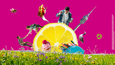 Das Bild zeigt eine Collage auf fuchsia Hintergrund. Im Mittelpunkt ist eine runde Zitrone, darunter eine Blumenwiese. Rund um die Zitrone ragt ein Federmäppchen mit Stiften empor, ein Cupcake, zwei Wanderinnen, eine Gabel Spaghetti, ein kochender junger Mann, der Olympiaturm, eine Gans, ein Recyclingzeichen sowie eine Biene. 