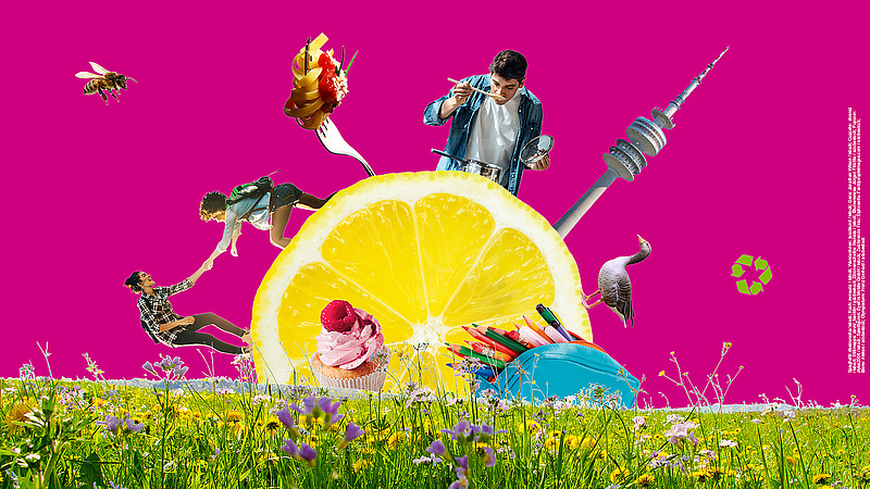 Das Bild zeigt eine Collage auf fuchsia Hintergrund. Im Mittelpunkt ist eine runde Zitrone, darunter eine Blumenwiese. Rund um die Zitrone ragt ein Federmäppchen mit Stiften empor, ein Cupcake, zwei Wanderinnen, eine Gabel Spaghetti, ein kochender junger Mann, der Olympiaturm, eine Gans, ein Recyclingzeichen sowie eine Biene. 
