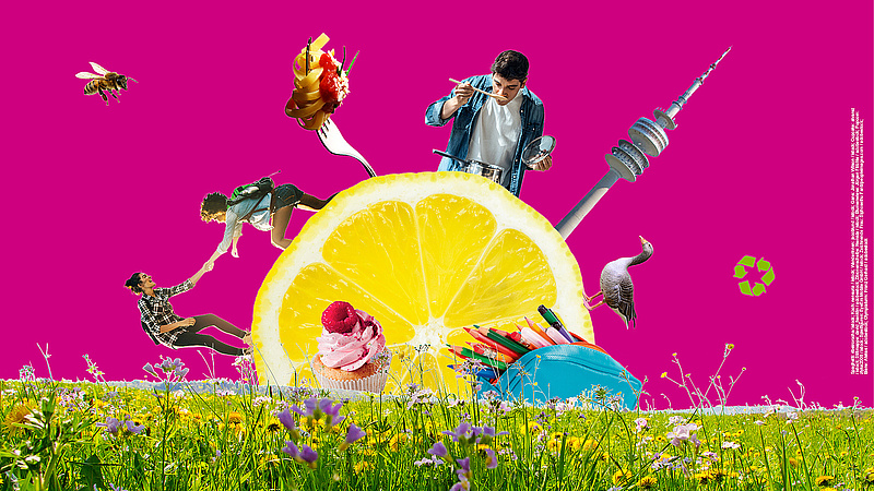 Das Bild zeigt eine Collage auf fuchsia Hintergrund. Im Mittelpunkt ist eine runde Zitrone, darunter eine Blumenwiese. Rund um die Zitrone ragt ein Federmäppchen mit Stiften empor, ein Cupcake, zwei Wanderinnen, eine Gabel Spaghetti, ein kochender junger Mann, der Olympiaturm, eine Gans, ein Recyclingzeichen sowie eine Biene. 