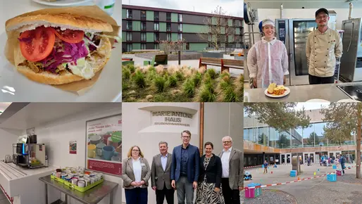 Collage aus sechs Bildern. Links oben: ein Döner, Mitte oben: das neue Wohnheim an der Schwere-Reiter-Straße, rechts oben: die Gewinnerin und ein Koch der Aktion Lieblingsessen, Links unten: ein Kaffeeautomat und eine bunte Sammlung an Tassen, Mitte unten: ein Gruppenbild von der Eröffnung der Wohnanlage Kaulbachstraße, rechts unten: der Kinderparcours beim Tag der offenen Tür in Garching