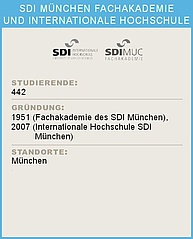Per Klick gelangen Sie zur SDI. Ein Infoblatt des SDI München (Internationale Hochschule und Fachakademie) mit Statistiken: Oben das Logo des SDI München. Darunter die Überschrift 'STUDIERENDE:' gefolgt von der Zahl 650. Weiter unten die Überschrift 'GRÜNDUNG:' mit der Angabe '1952'. Abschließend die Überschrift 'STANDORTE:' mit dem Standort München.