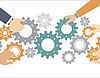 Illustration von sechs Händen, die verschiedenfarbige Zahnräder greifen und miteinander verbinden. Die Zahnräder in Blau, Grau und Orange symbolisieren Zusammenarbeit, Teamarbeit und ineinandergreifende Prozesse.
