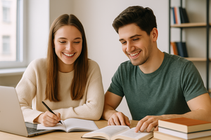 Zwei junge Erwachsene sitzen an einem Tisch mit Büchern und Laptop, lächeln und lernen gemeinsam. Die Frau schreibt in ein Heft, der Mann liest aus einem Buch. Die Szene wirkt freundlich und konzentriert – typische Lernsituation im Studium.
